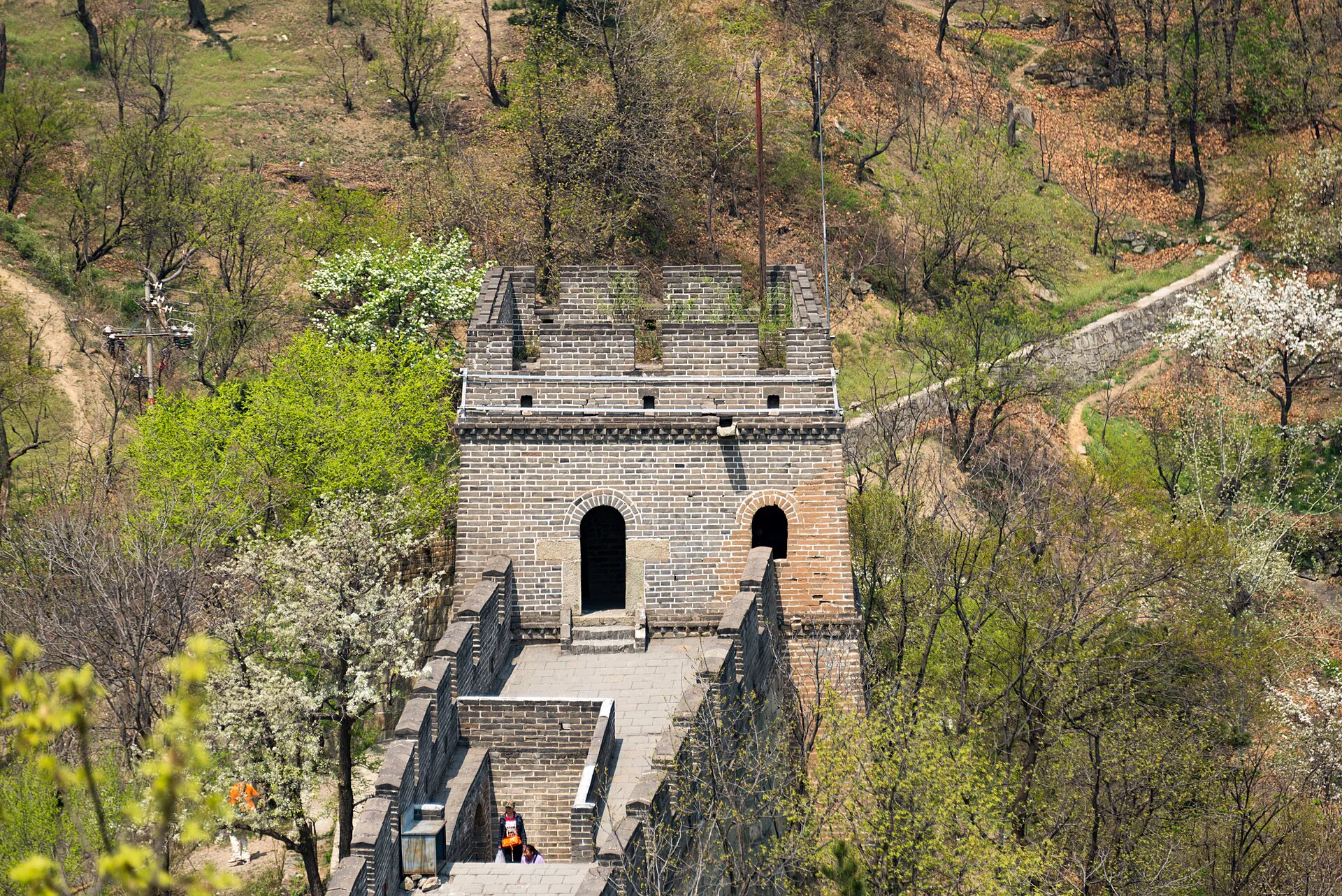 Mutianyu Great Wall watchtower and restored ridge path in spring