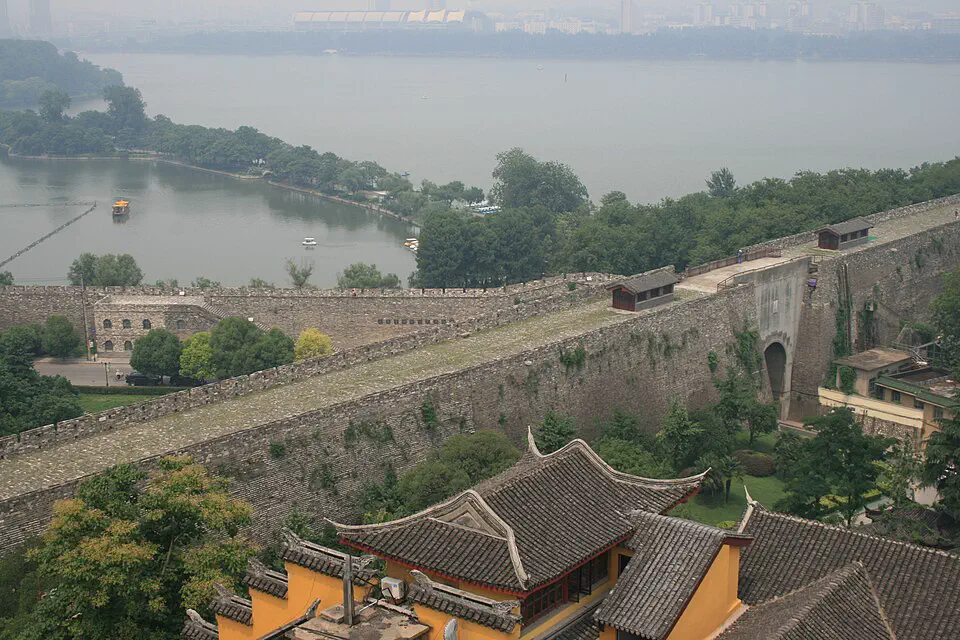 Nanjing City Wall, Xuanwu Lake and tiled roofs seen from Jiming Temple
