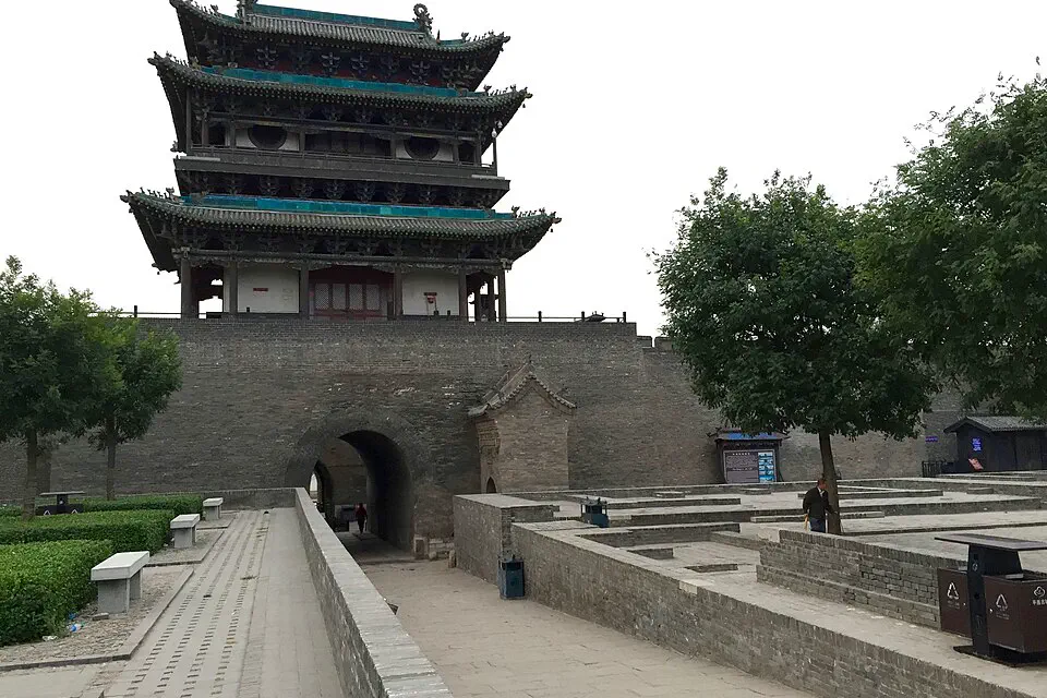 Yingxun Gate rising above the brick walls of Pingyao Ancient City