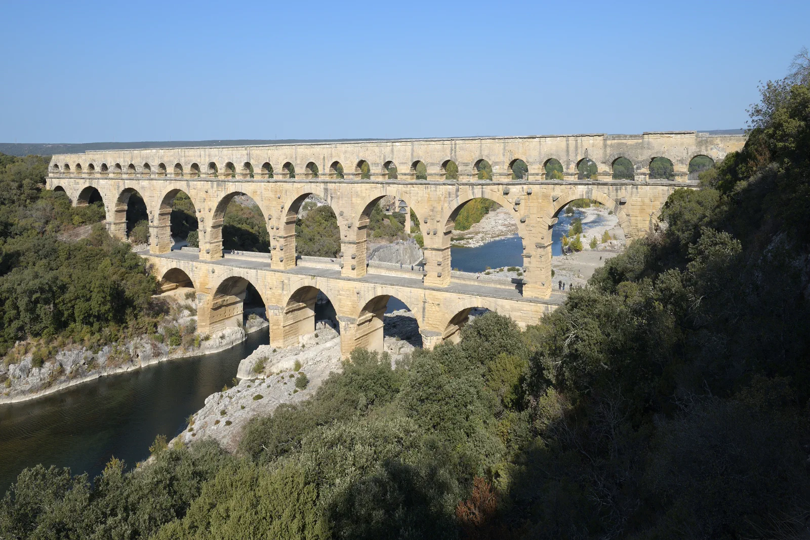 The Roman Pont du Gard aqueduct crossing the Gardon valley