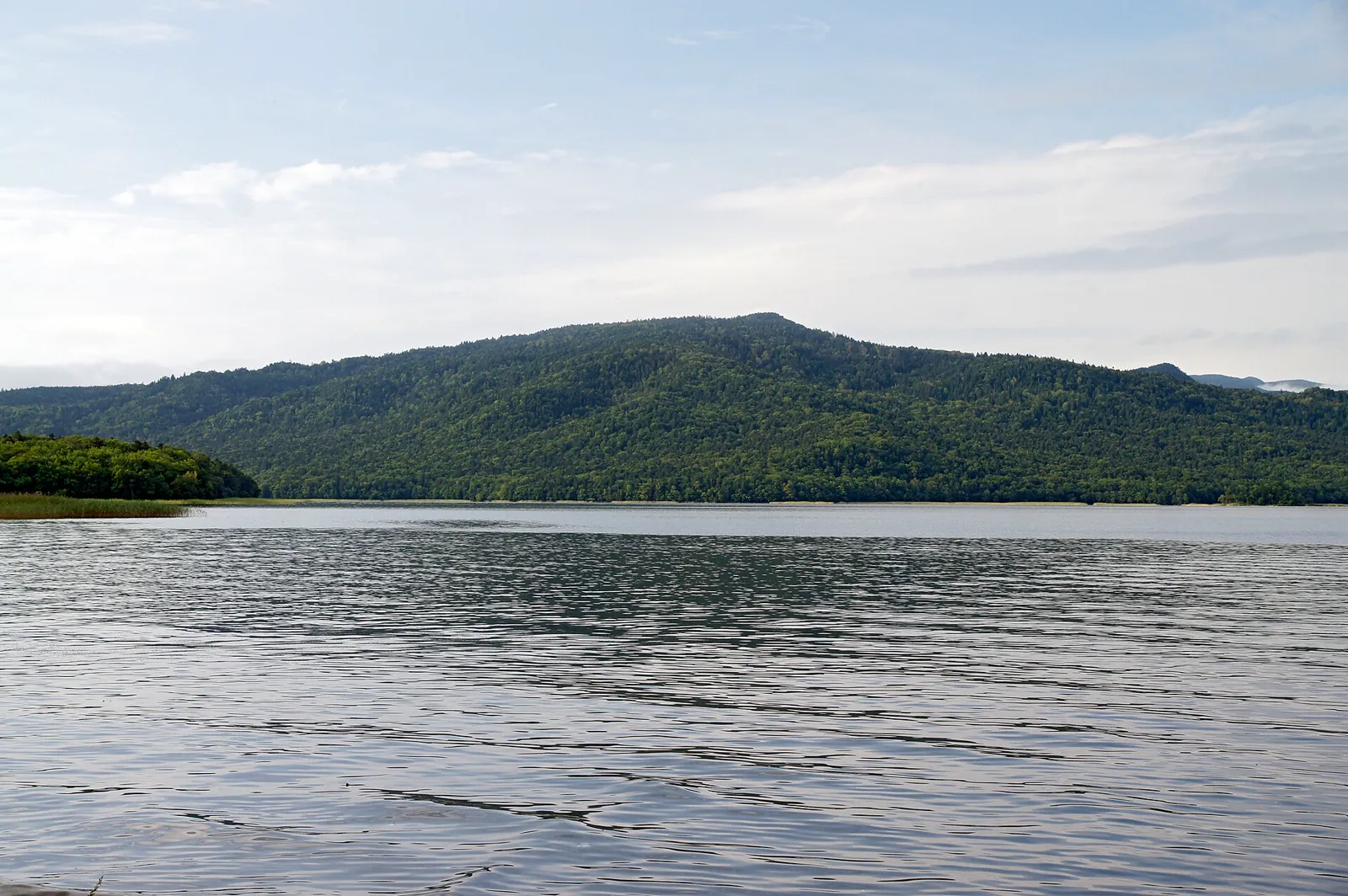 Forested shore and calm water of Lake Akan