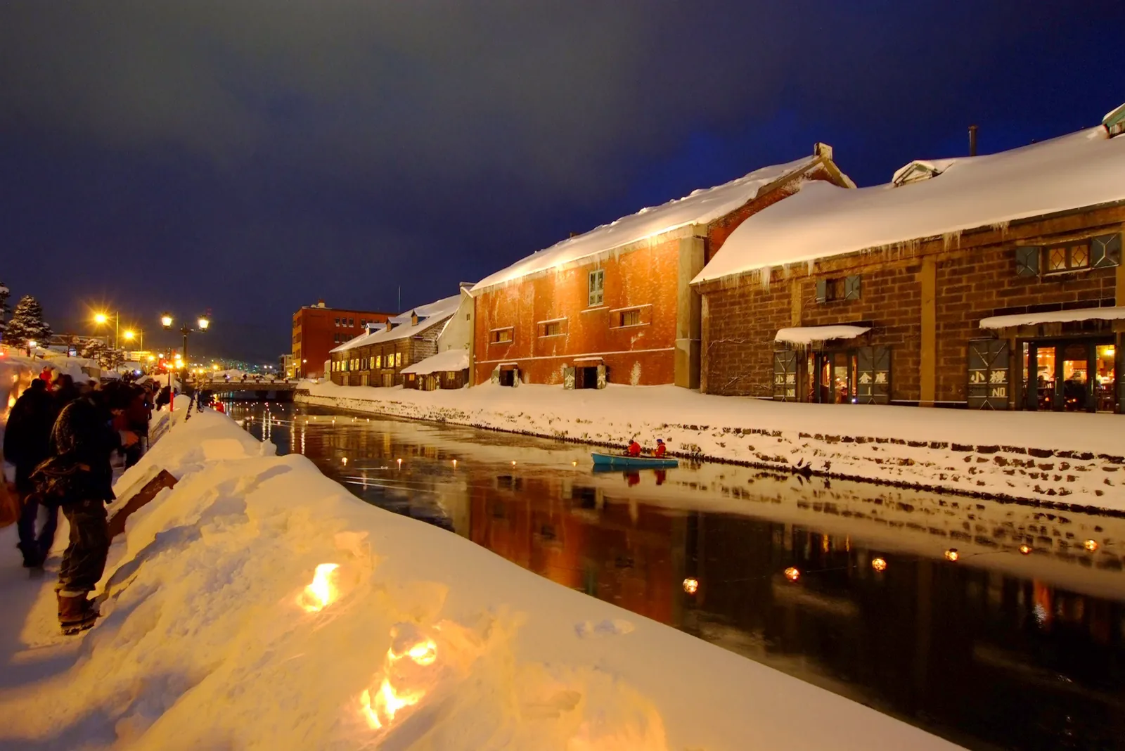 Otaru Canal illuminated beside deep winter snow