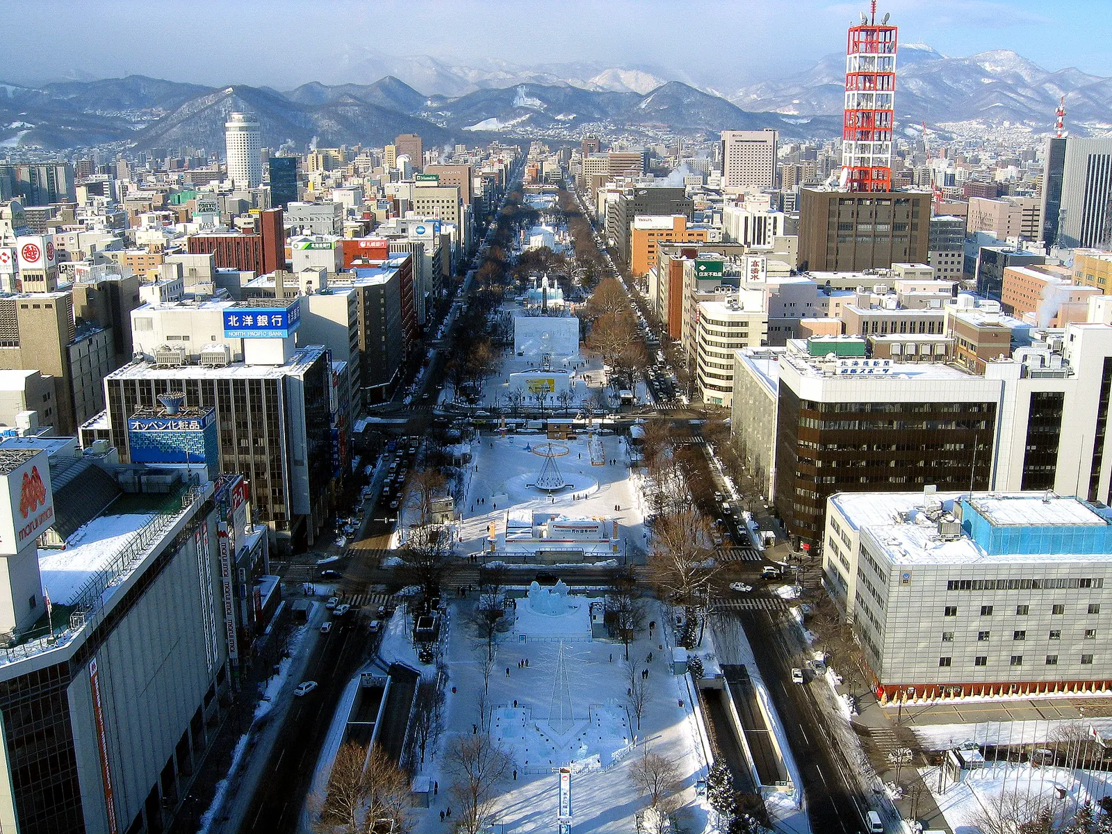 Snow-covered central Sapporo and Odori Park