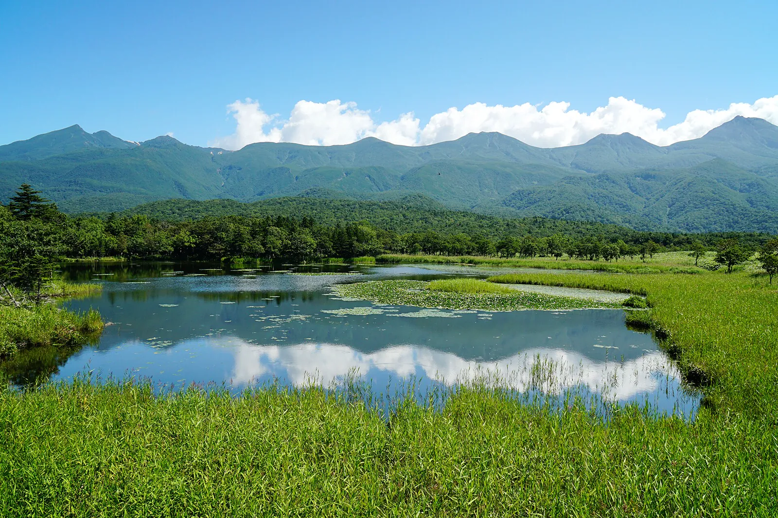 Shiretoko mountains reflected in one of the Five Lakes
