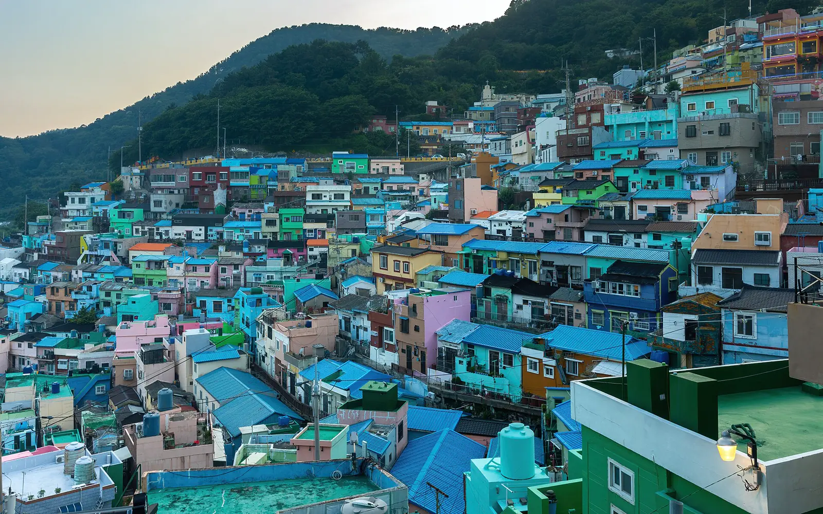 Colorful houses in Gamcheon Culture Village at sunset