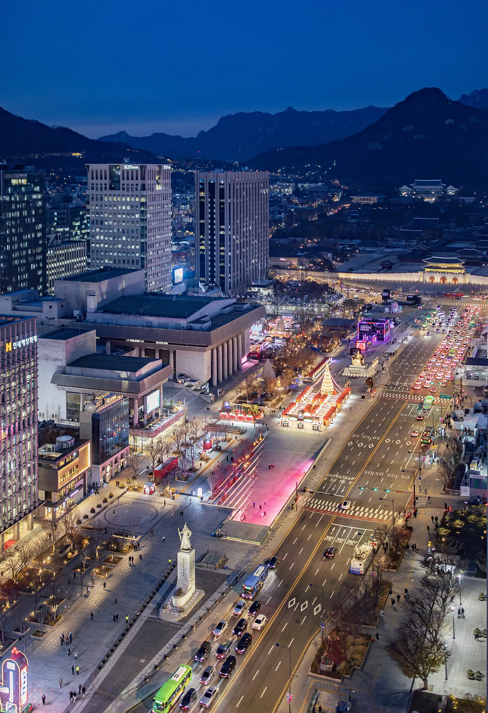 Gwanghwamun Square illuminated at night