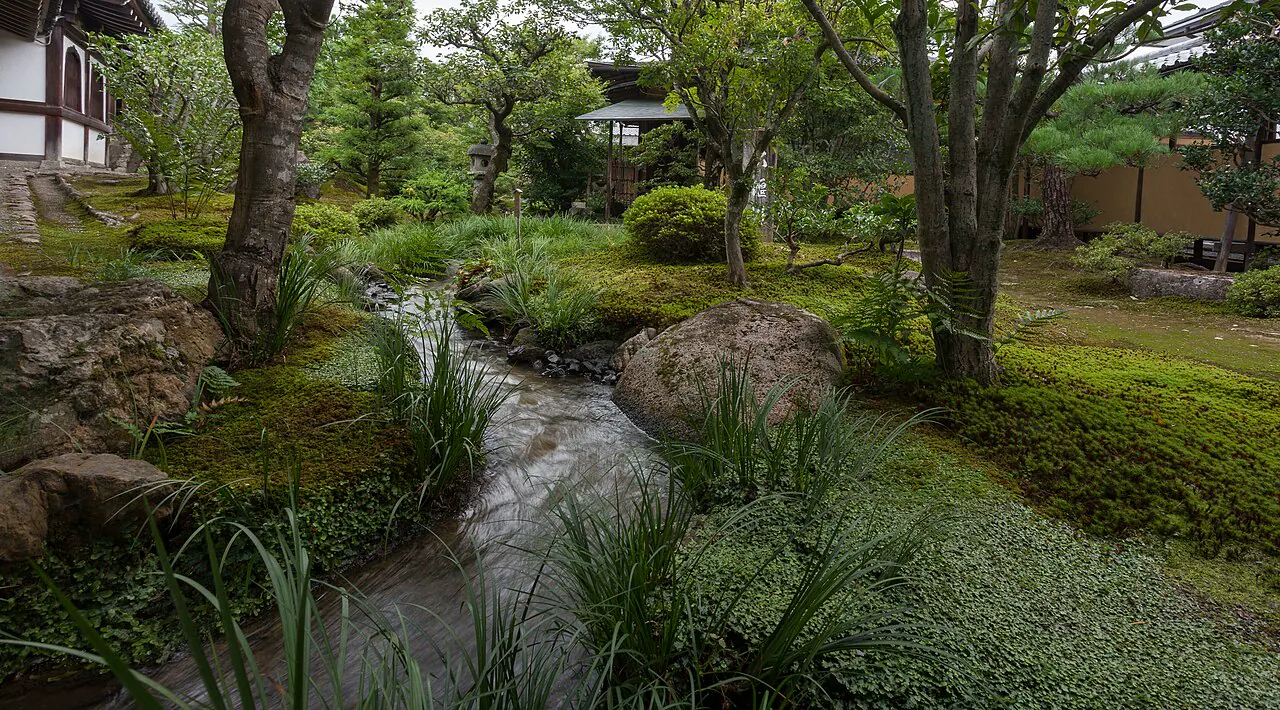 Pond garden and green landscape at Tenryuji