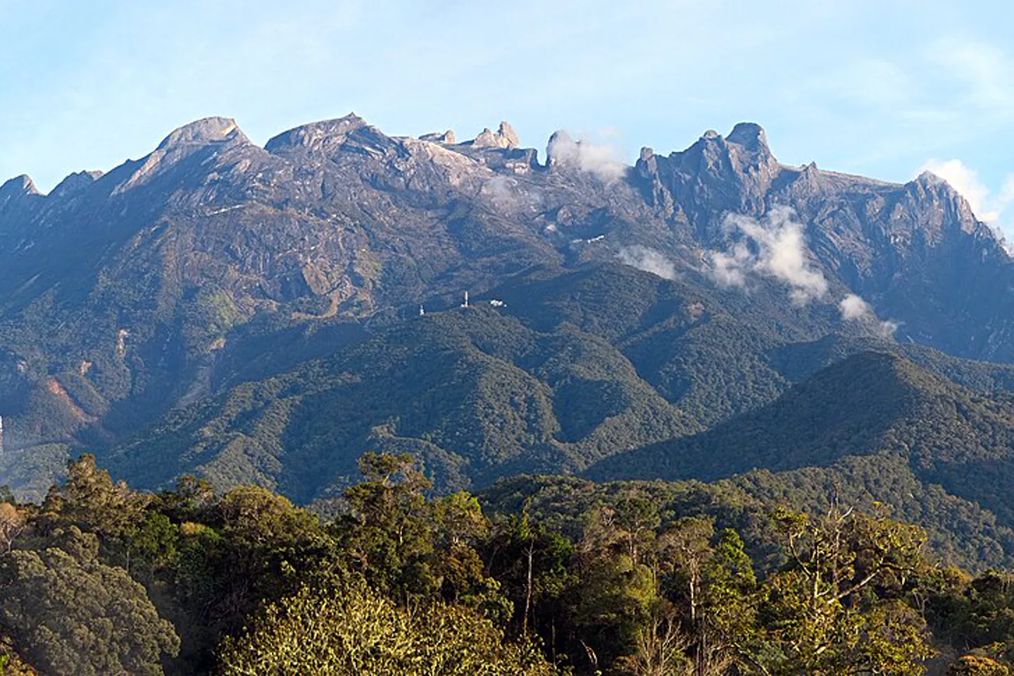 Granite summit ridge of Mount Kinabalu above forest near Kundasang