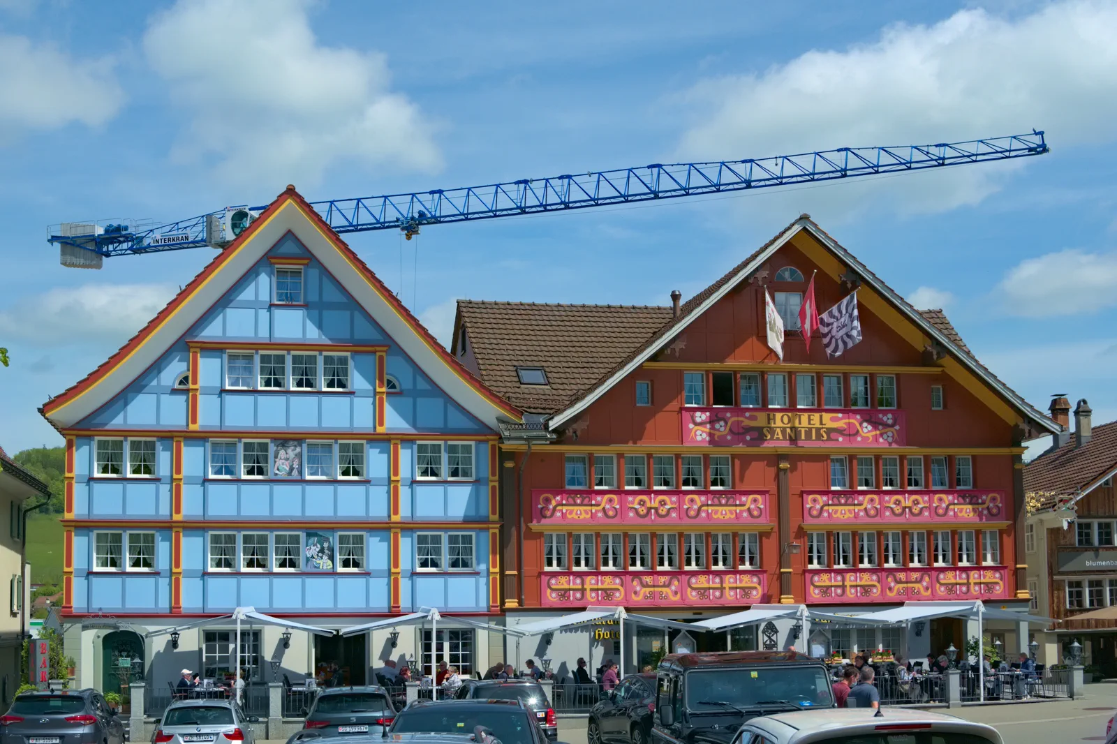 Colorful Appenzell village with green hills