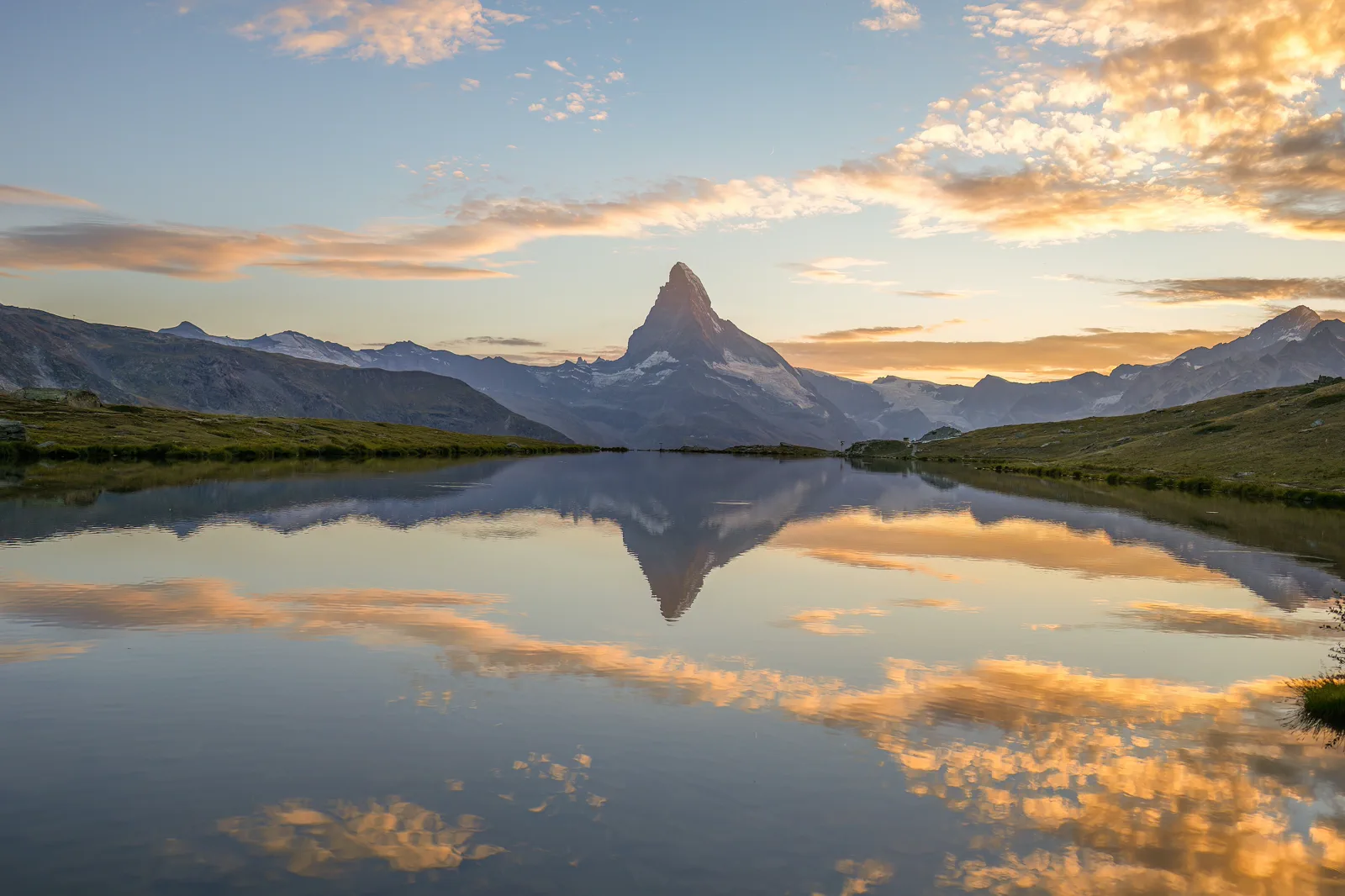 Matterhorn reflected in a lake above Zermatt near Sunnegga