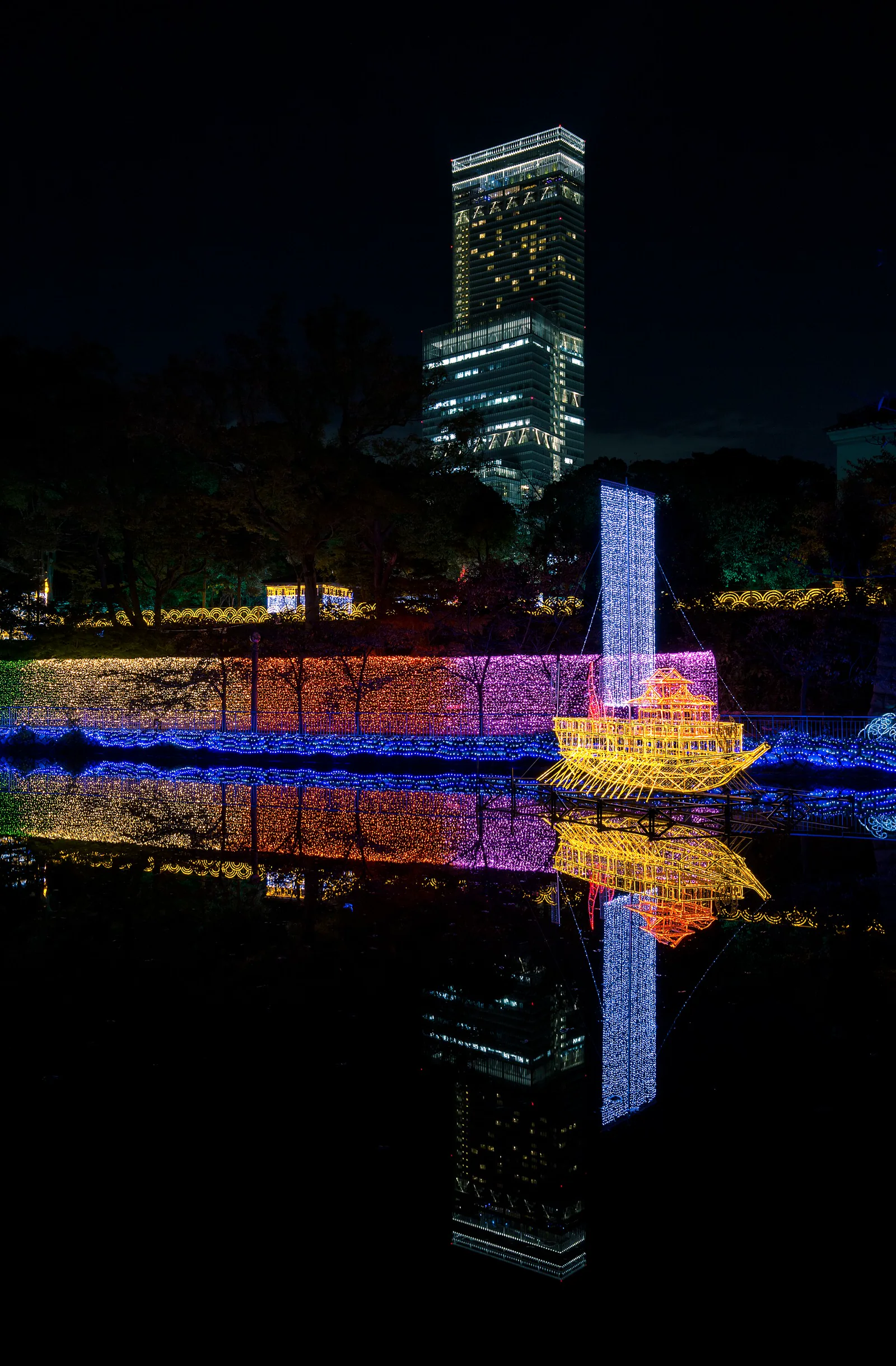 Abeno Harukas over Tennoji Park at night