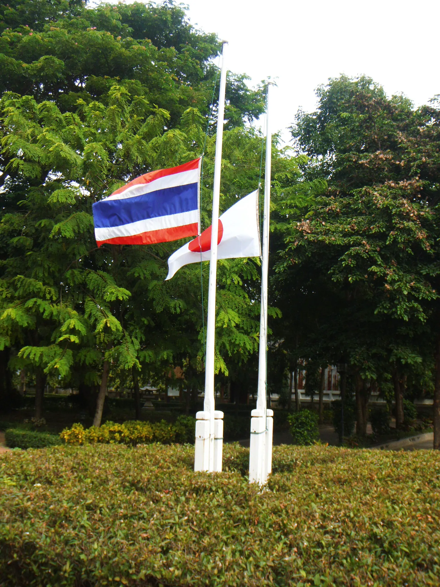 Thai and Japanese flags in the grounds of Ayutthaya Japanese Village