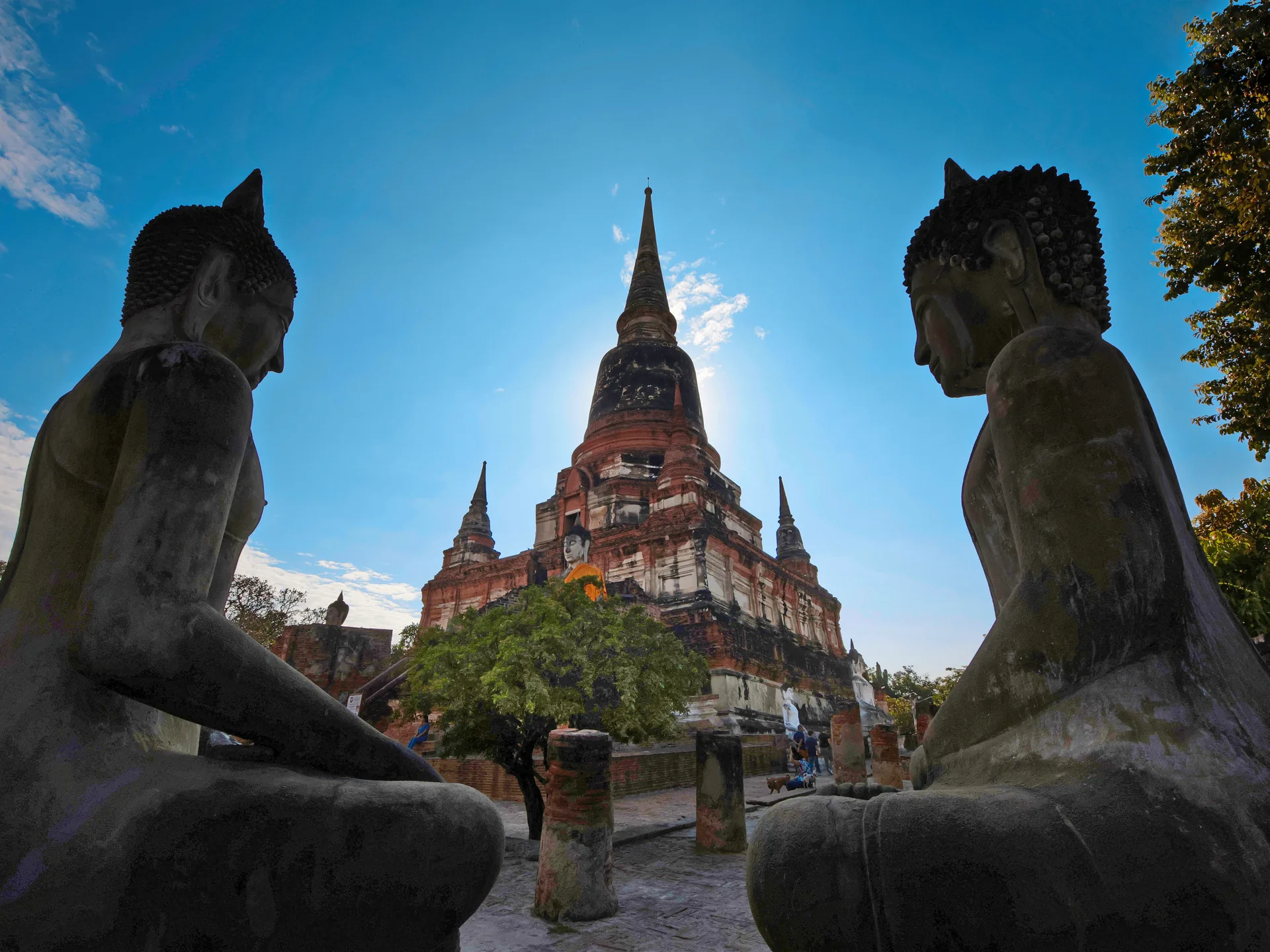 Rows of Buddha images and central chedi at Wat Yai Chai Mongkhon