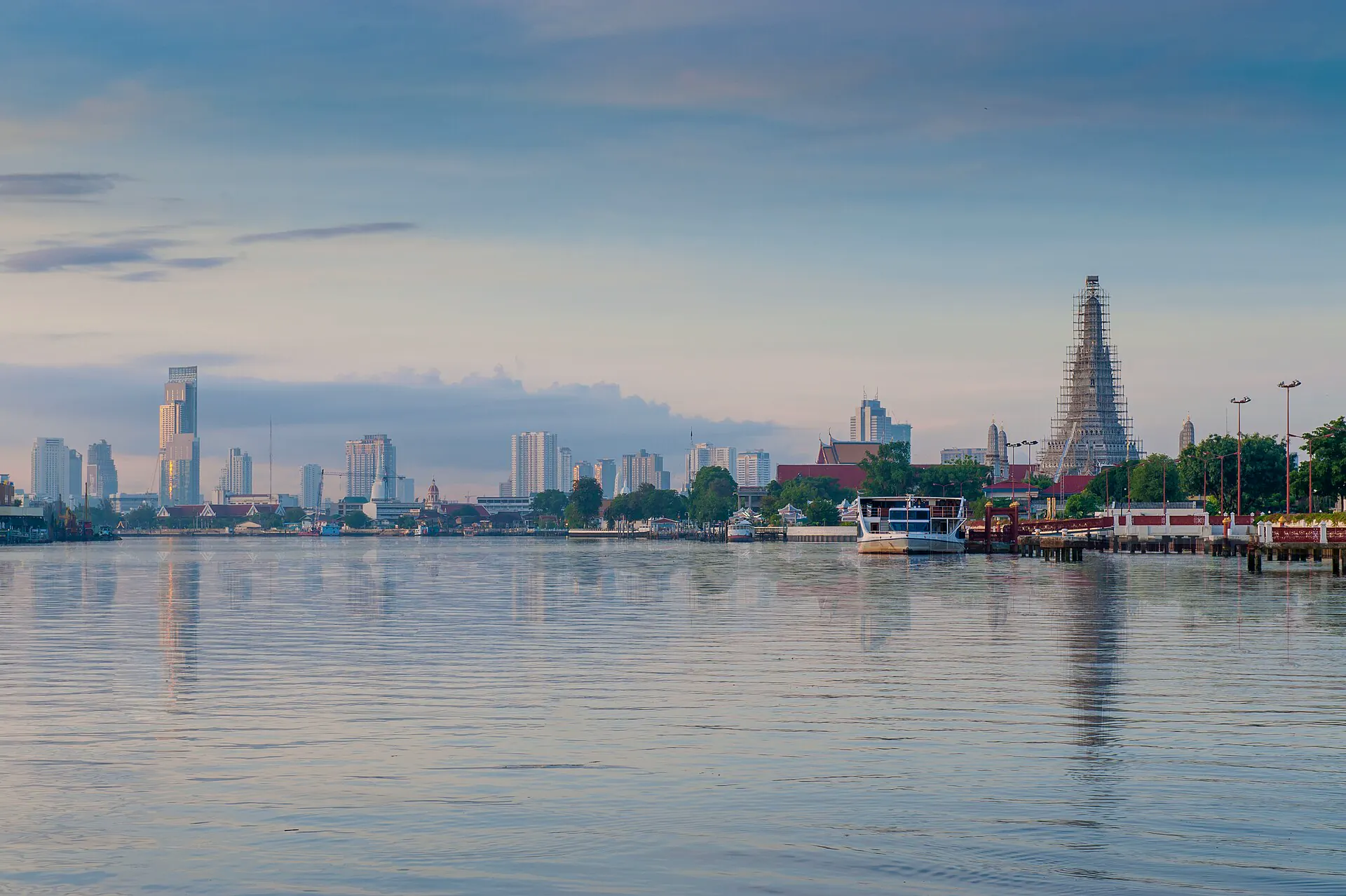Wat Arun and the Bangkok skyline across the Chao Phraya River