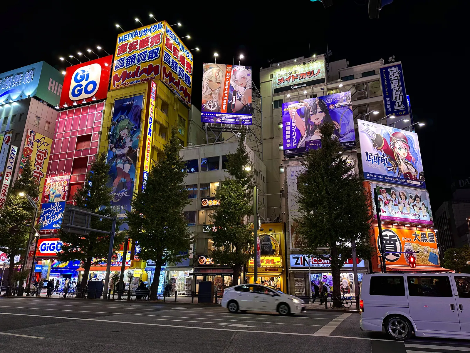 Bright electronic and anime storefronts in Akihabara at night