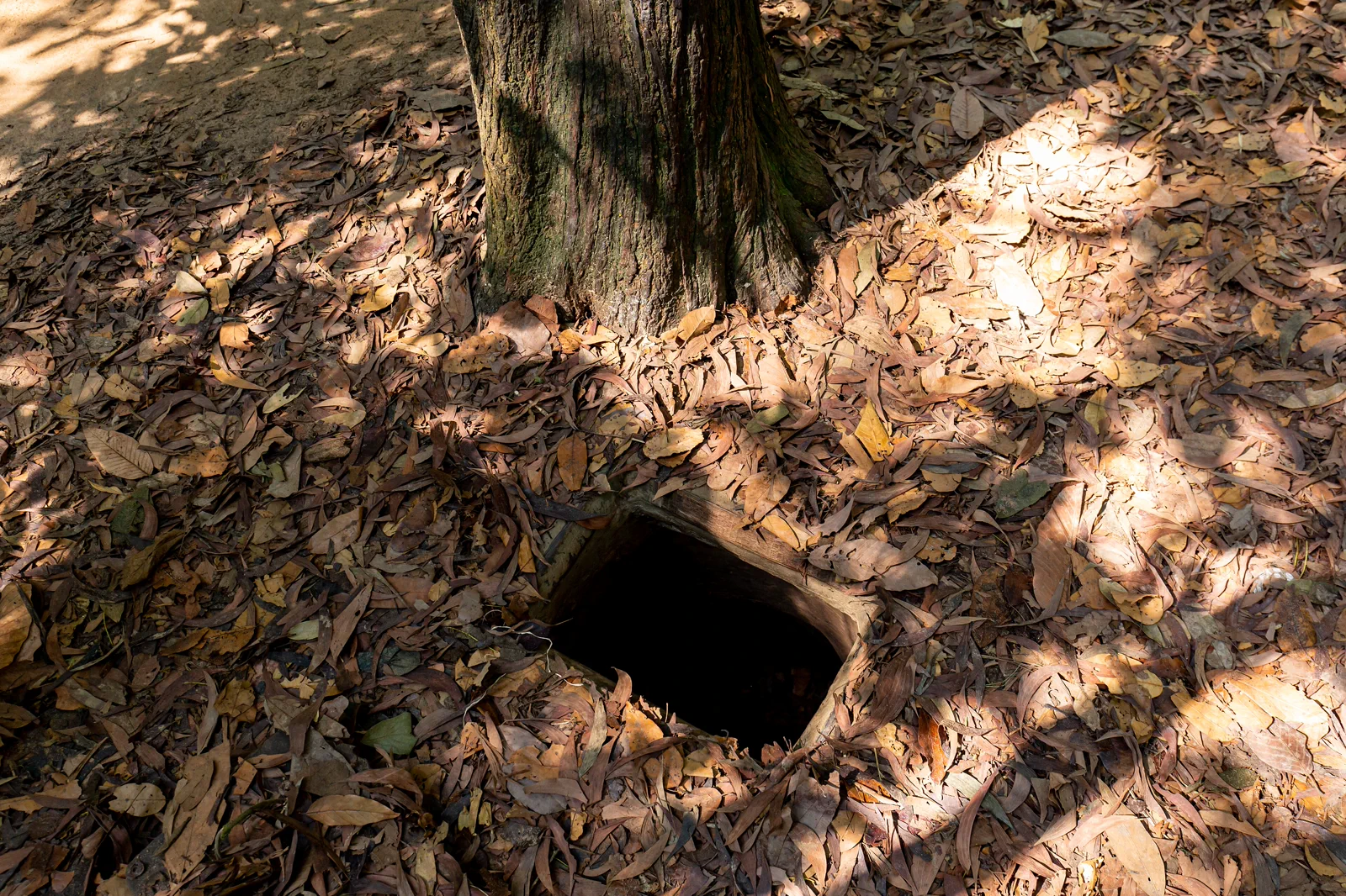 Small camouflaged entrance to the Cu Chi tunnel system